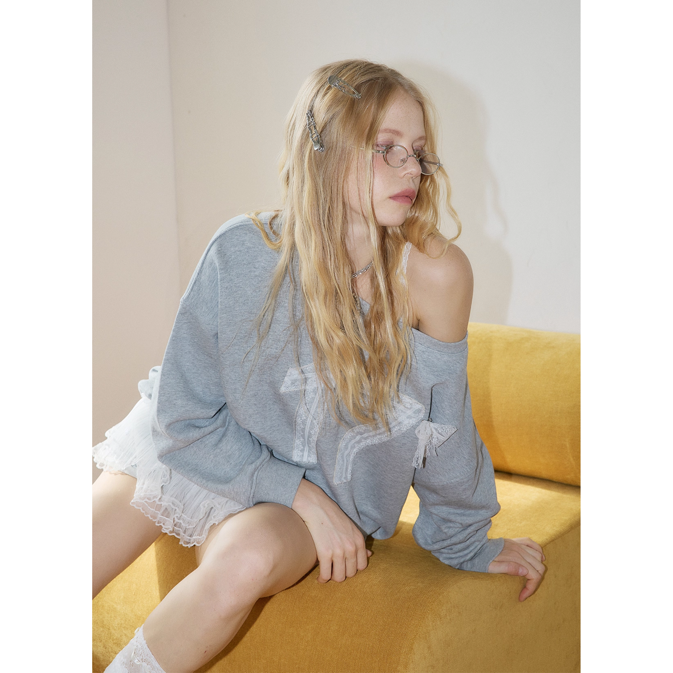 Lace number sweat off shoulder tops