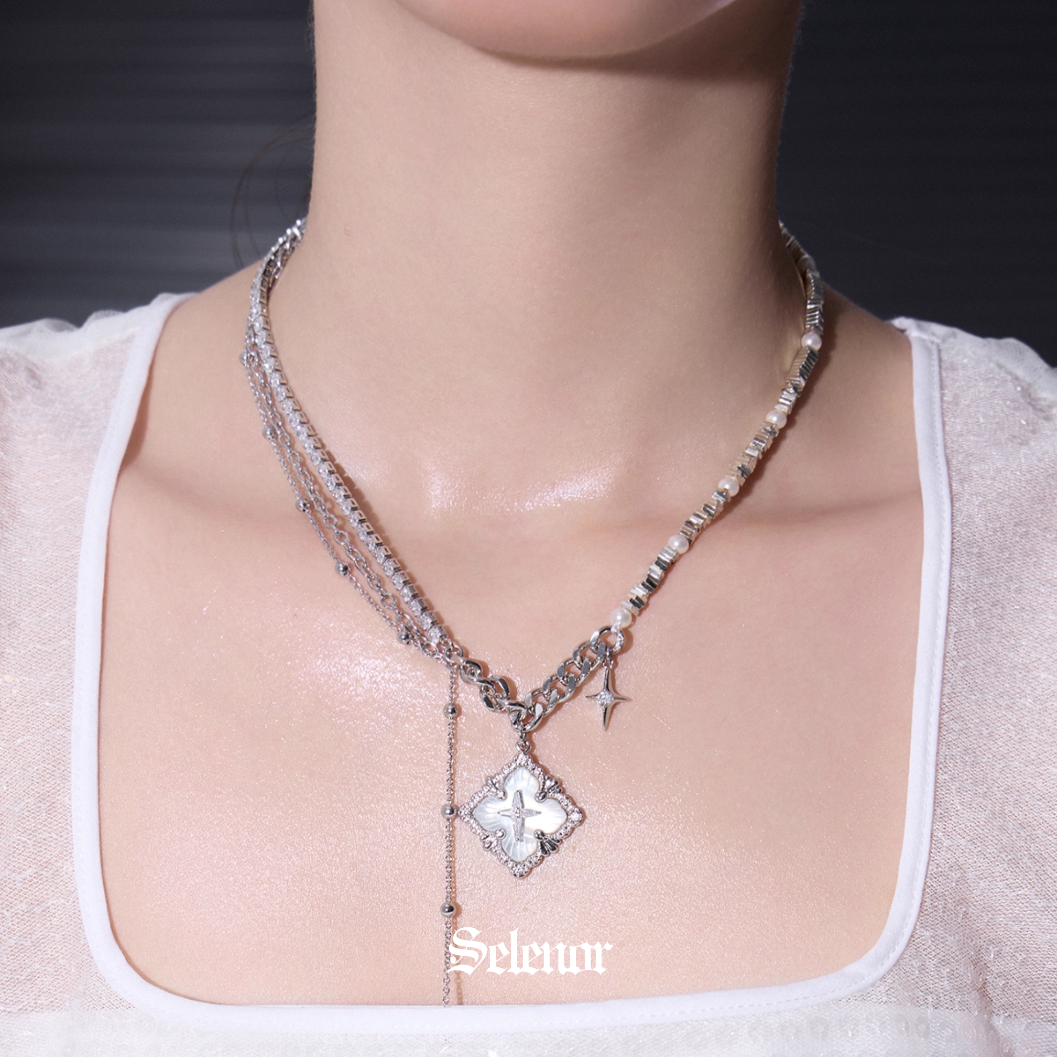S925 Cubic zirconia clairon cross necklace[set item]
