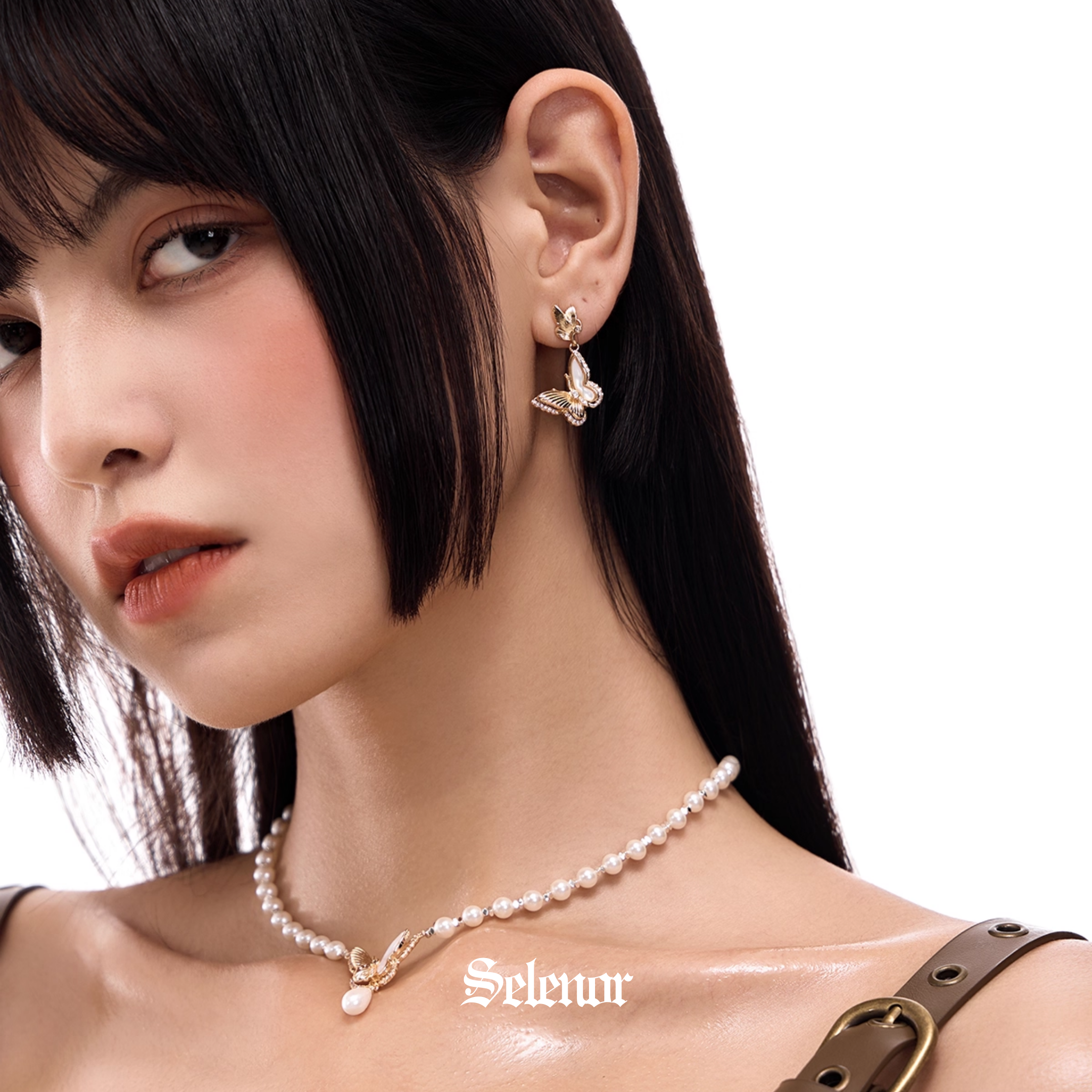 S925 Cubic zirconia papillon pearl chain pierce[set item]