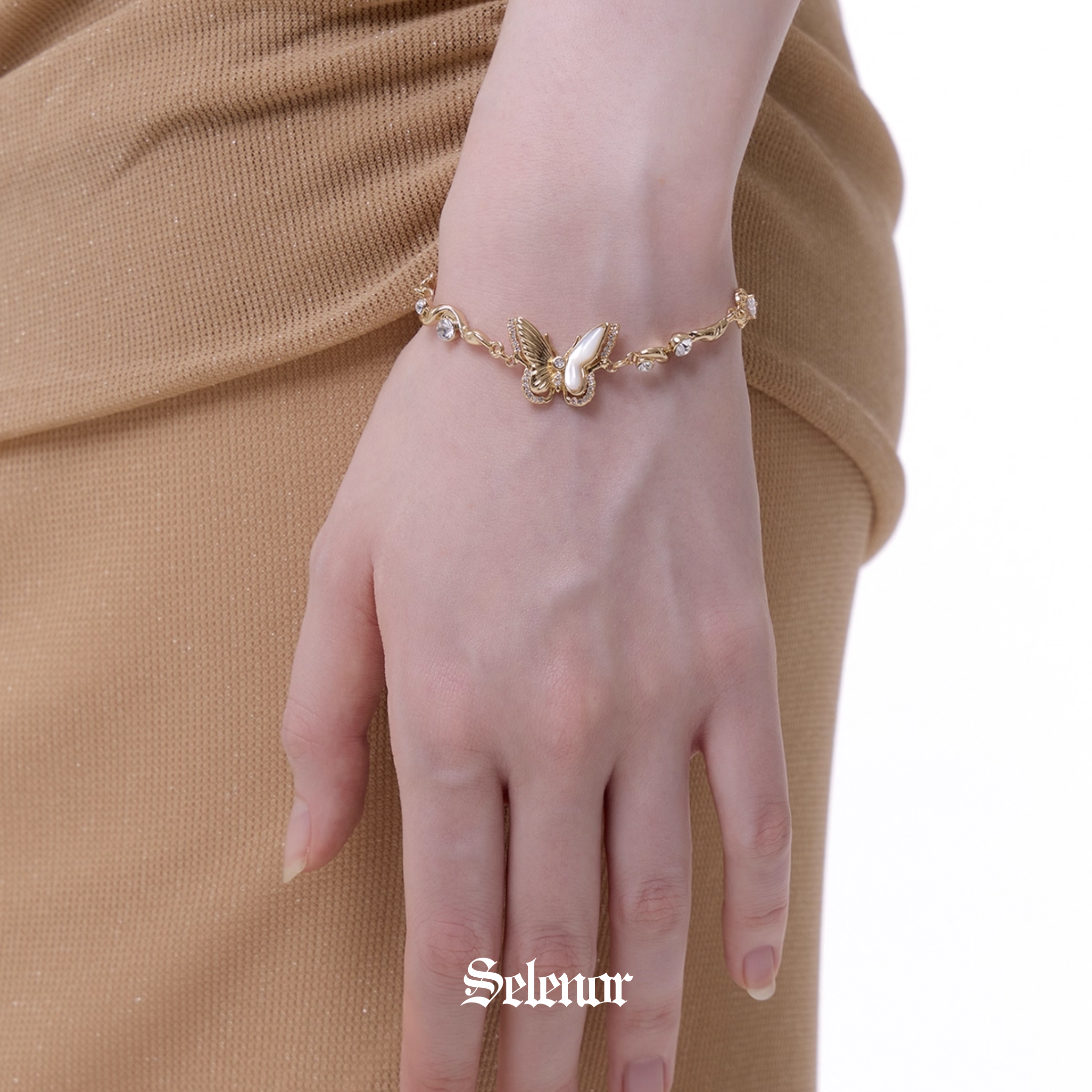 S925 Cubic zirconia papillon pearl bracelet[set item]