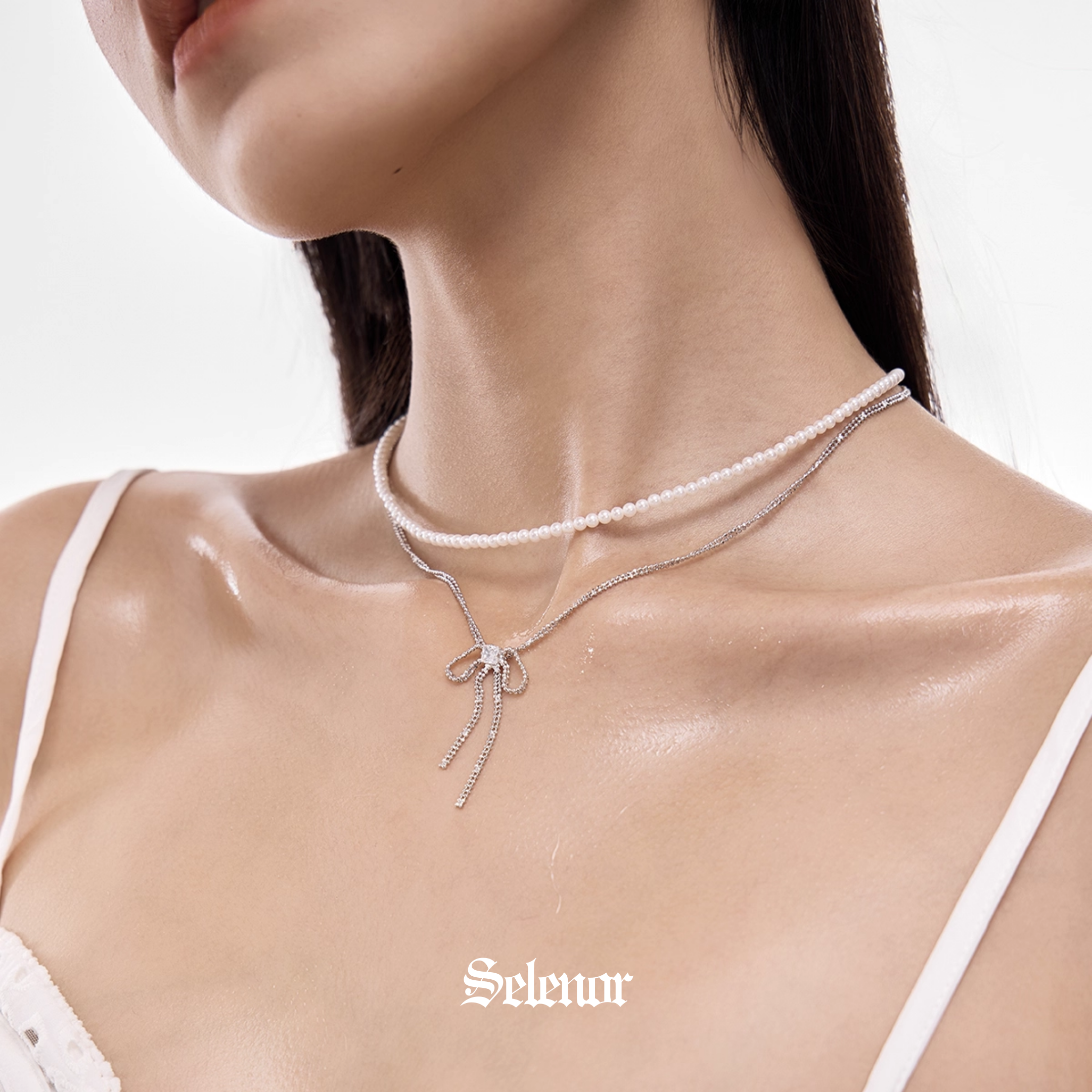 S925 Cubic zirconia luminous ribbon drape necklace[set item]