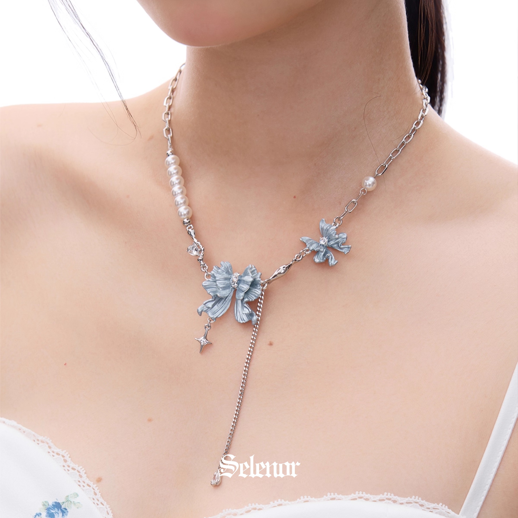 S925 Cubic zirconia lueur bleue chain necklace[set item]