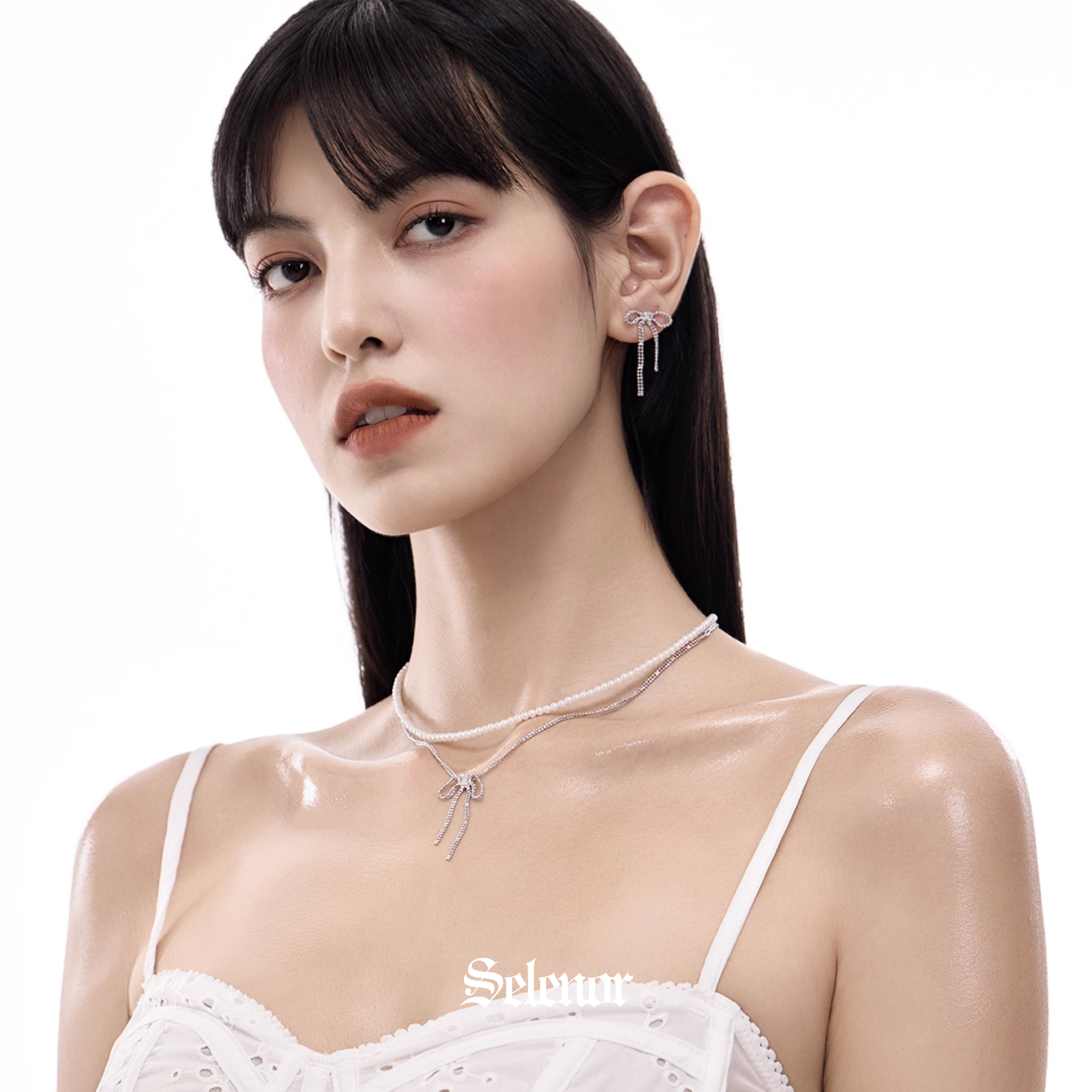 S925 Cubic zirconia luminous ribbon drape pierce[set item]