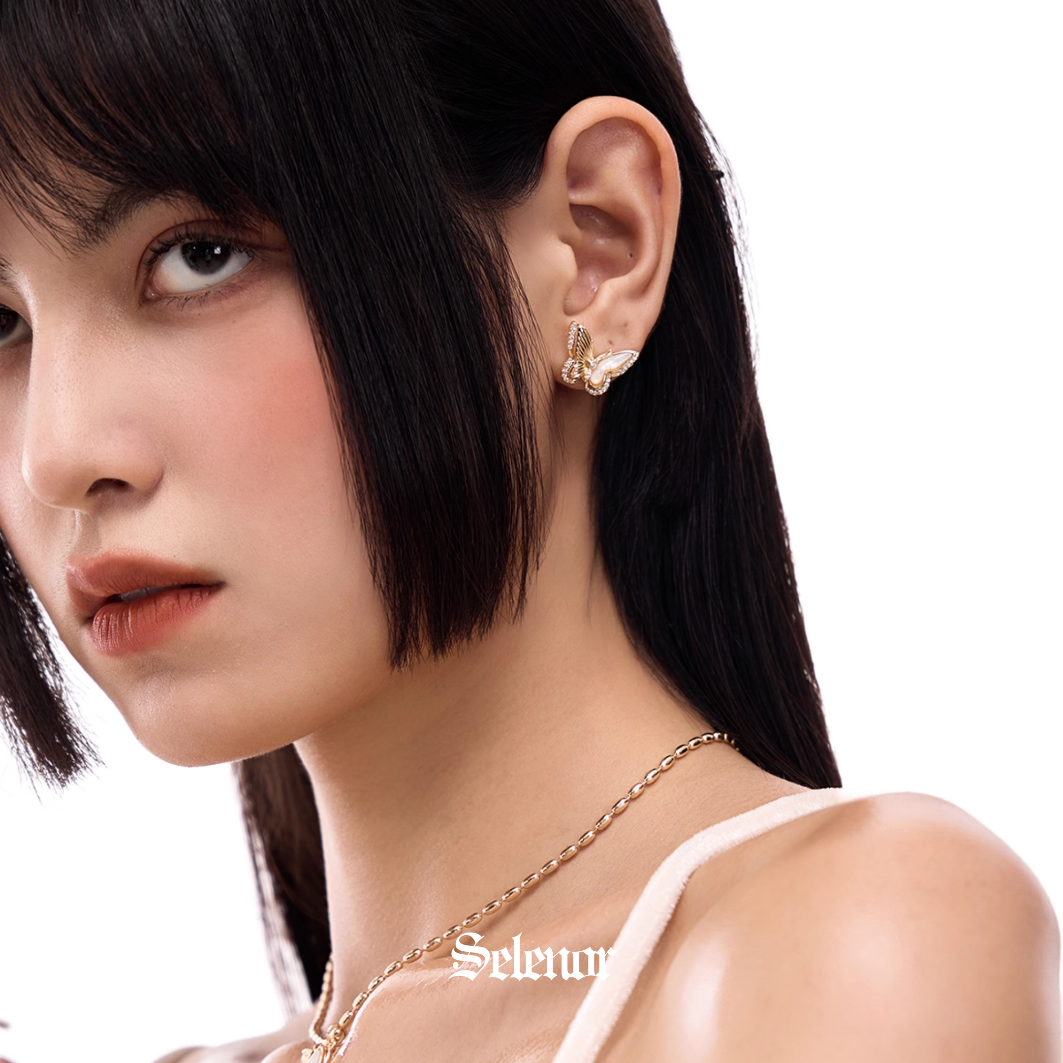 S925 Cubic zirconia papillon pearl pierce[set item]
