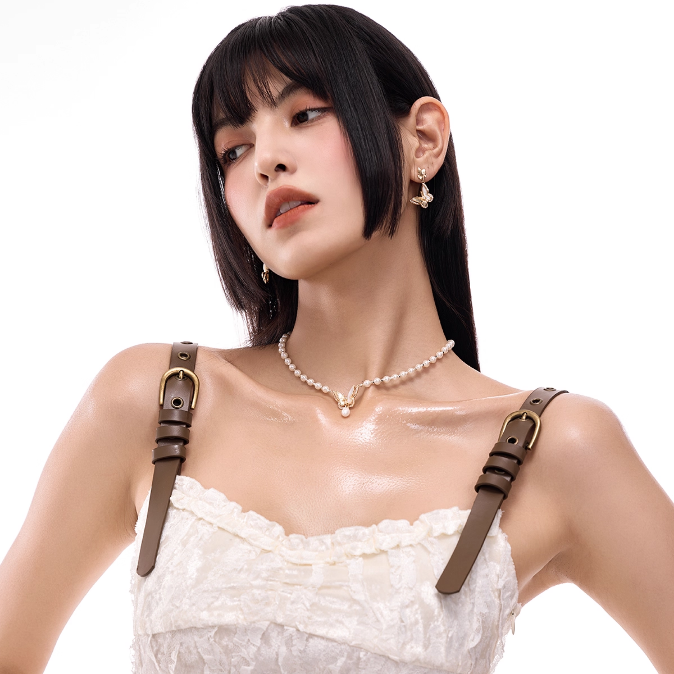 S925 Cubic zirconia papillon pearl chain pierce[set item]