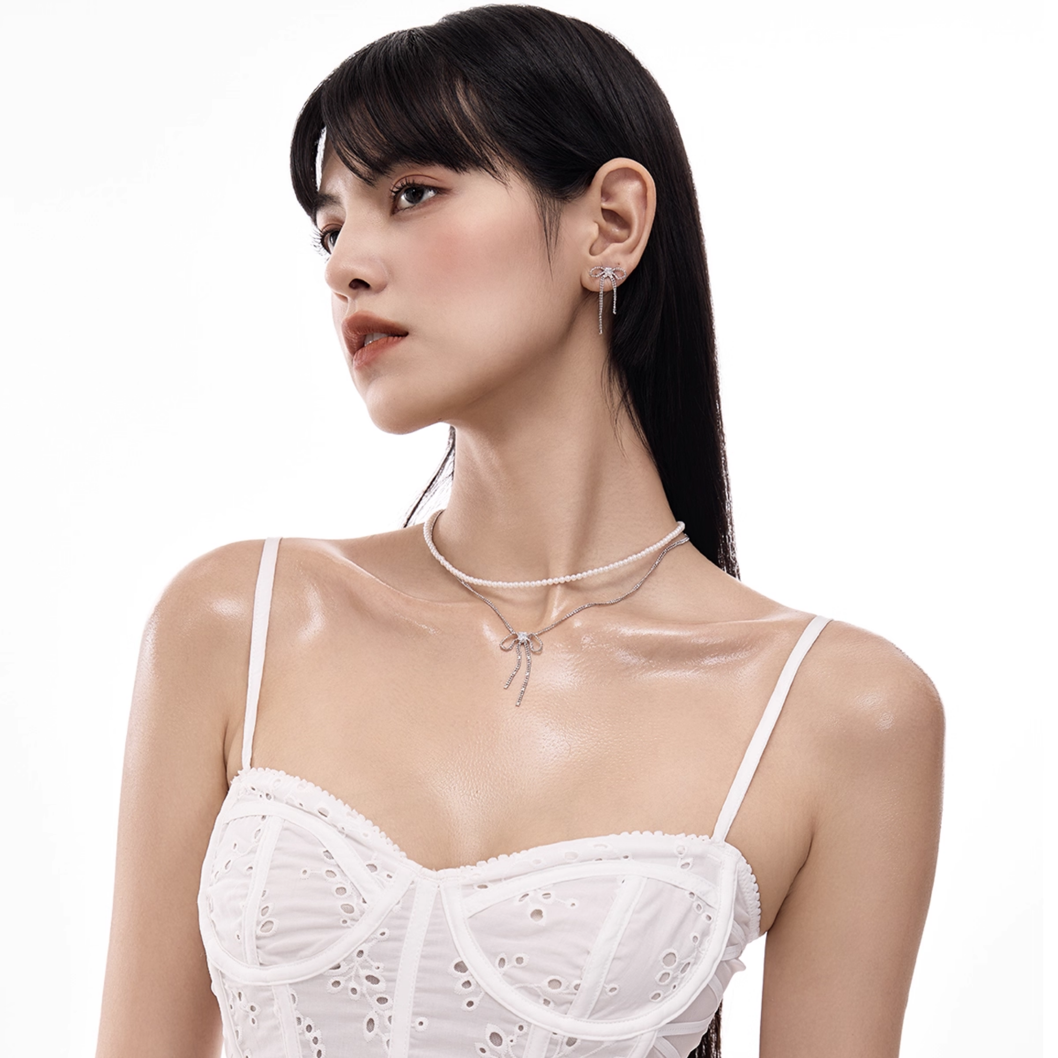 S925 Cubic zirconia luminous ribbon drape pierce[set item]