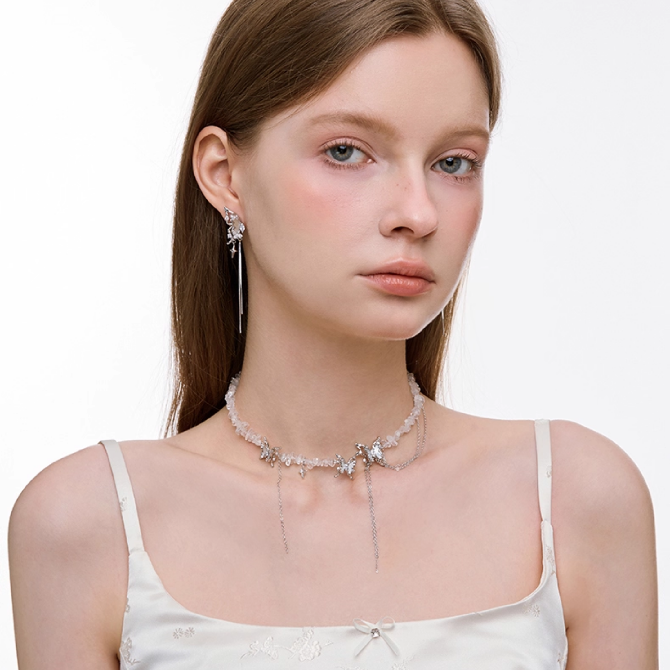 S925 Cubic zirconia butterfly lunaria necklace[set item]