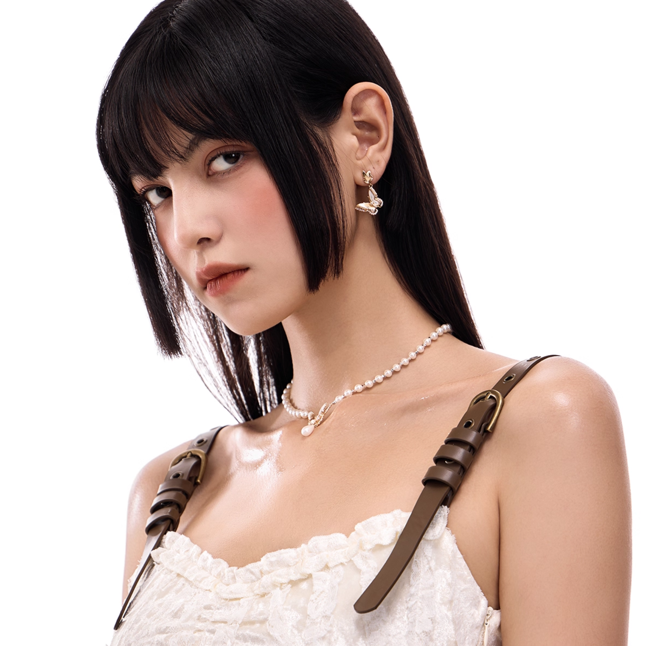 S925 Cubic zirconia papillon pearl chain pierce[set item]