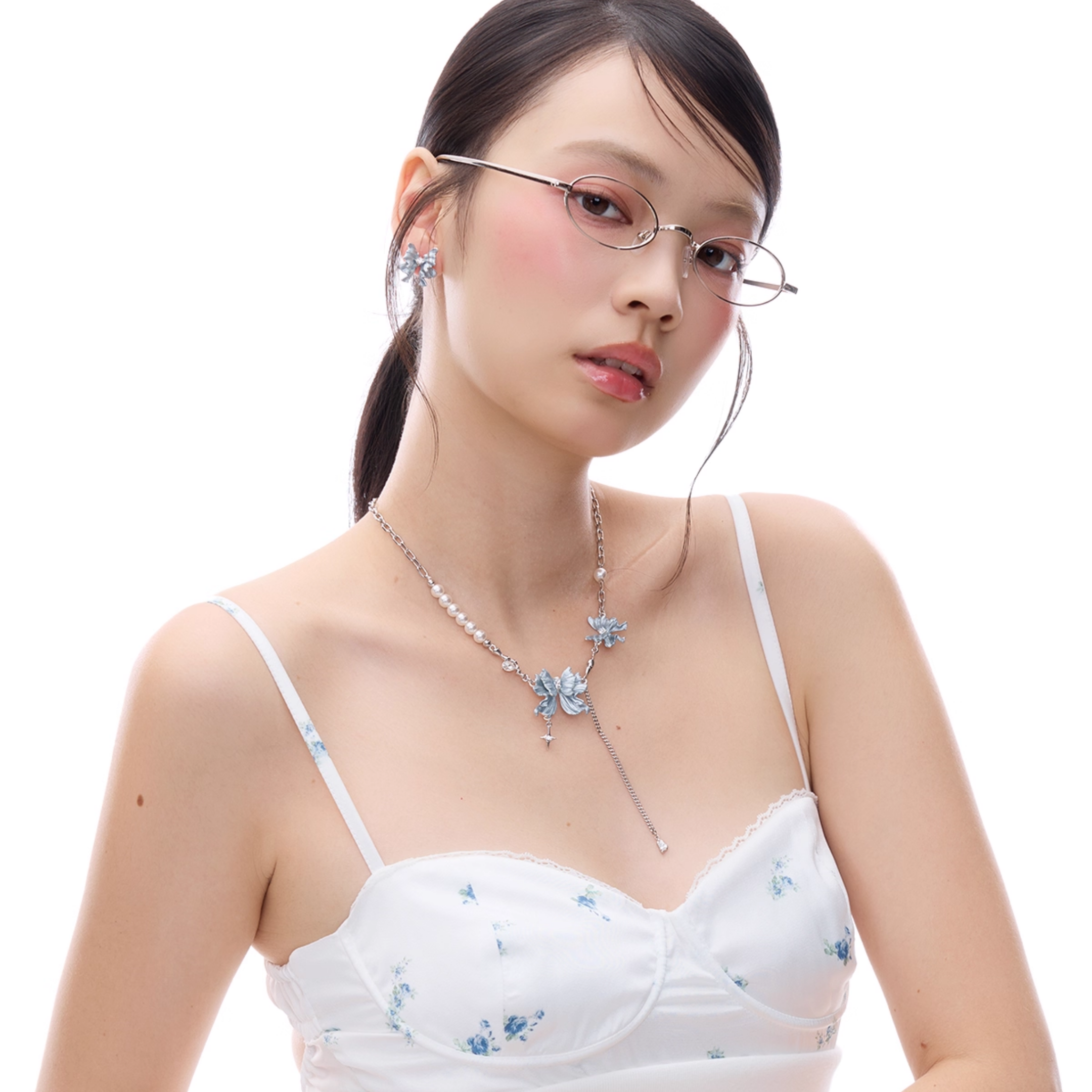 S925 Cubic zirconia lueur bleue chain necklace[set item]