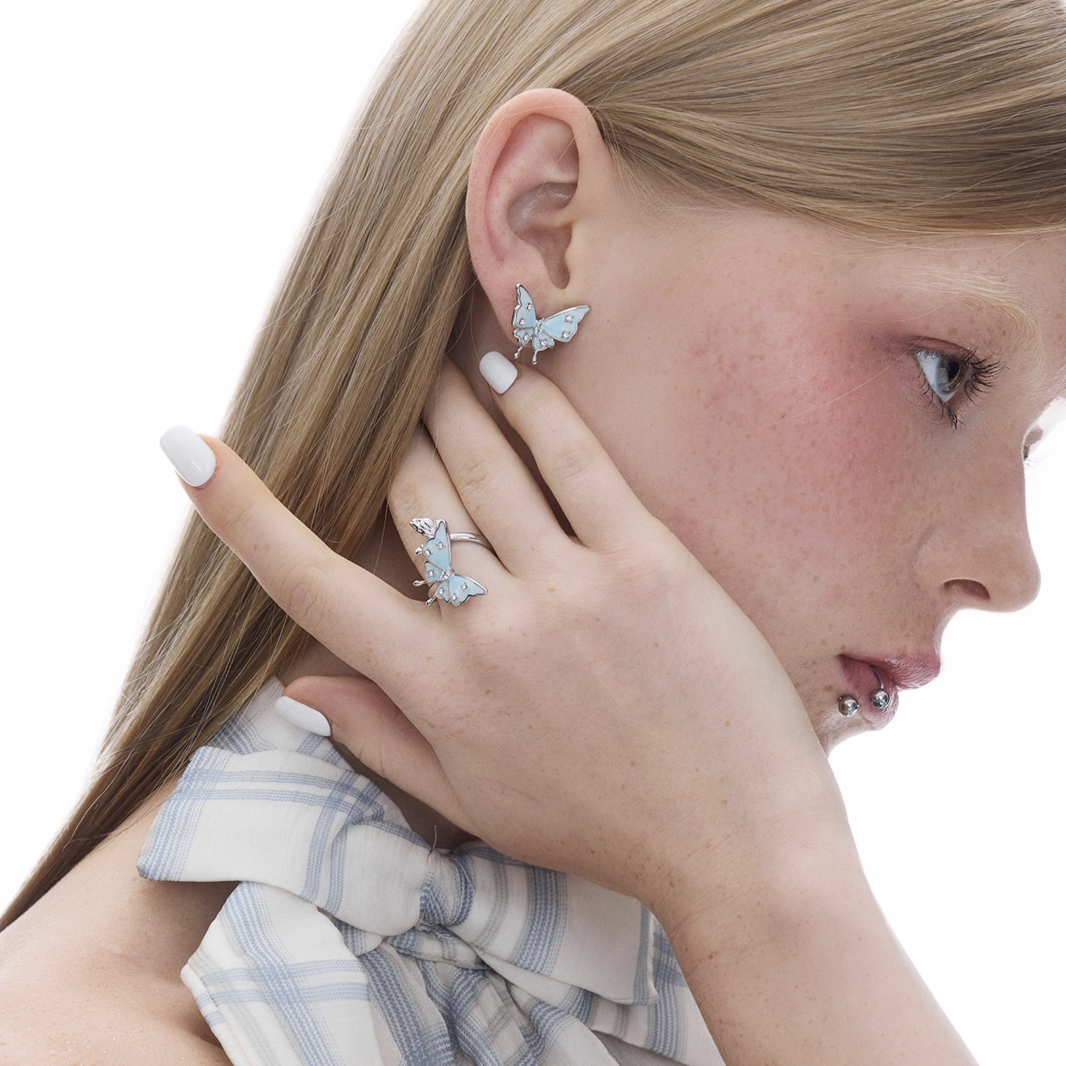 S925 Cubic Zirconia Blue Butterfly Pierce[set item]