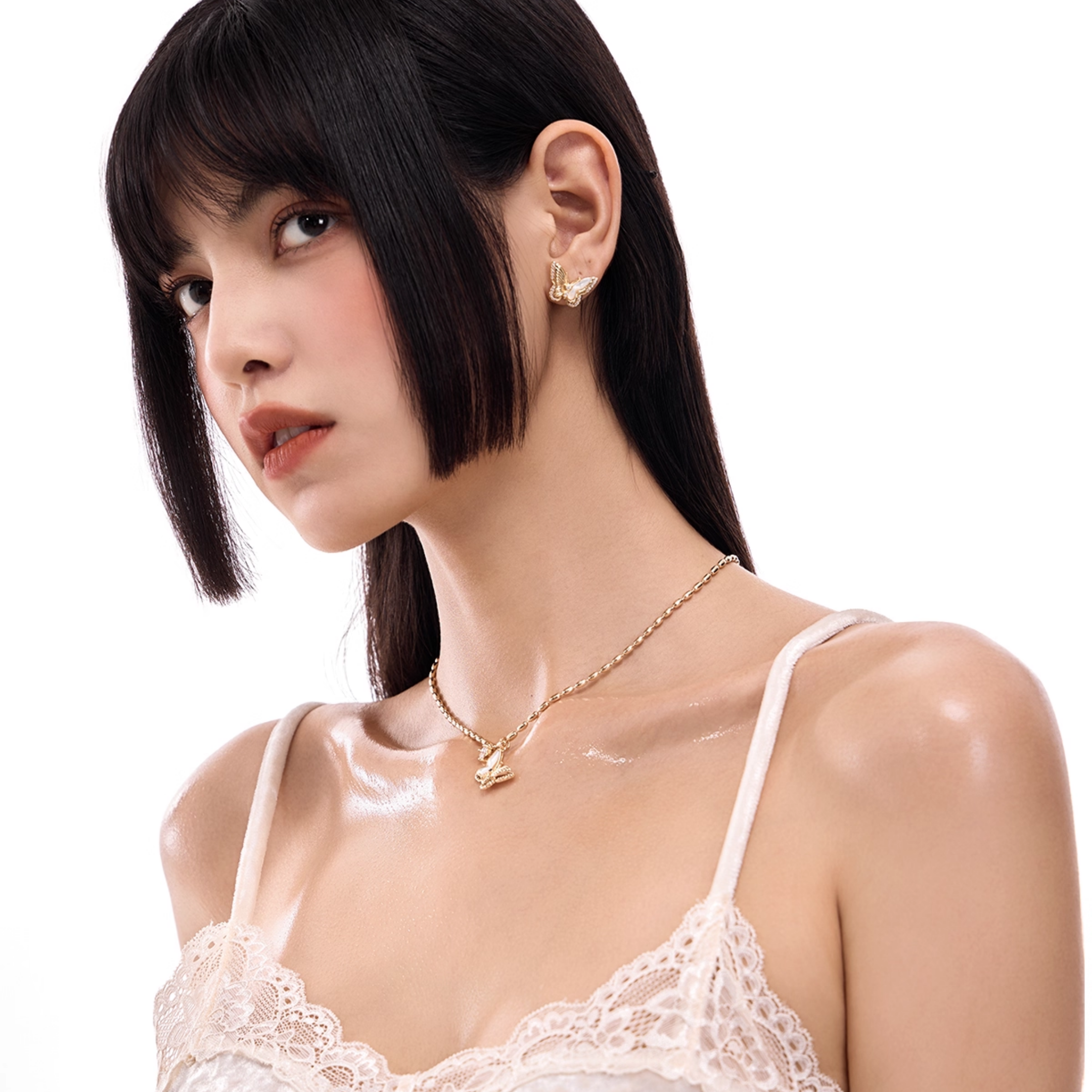 S925 Cubic zirconia papillon pearl pierce[set item]