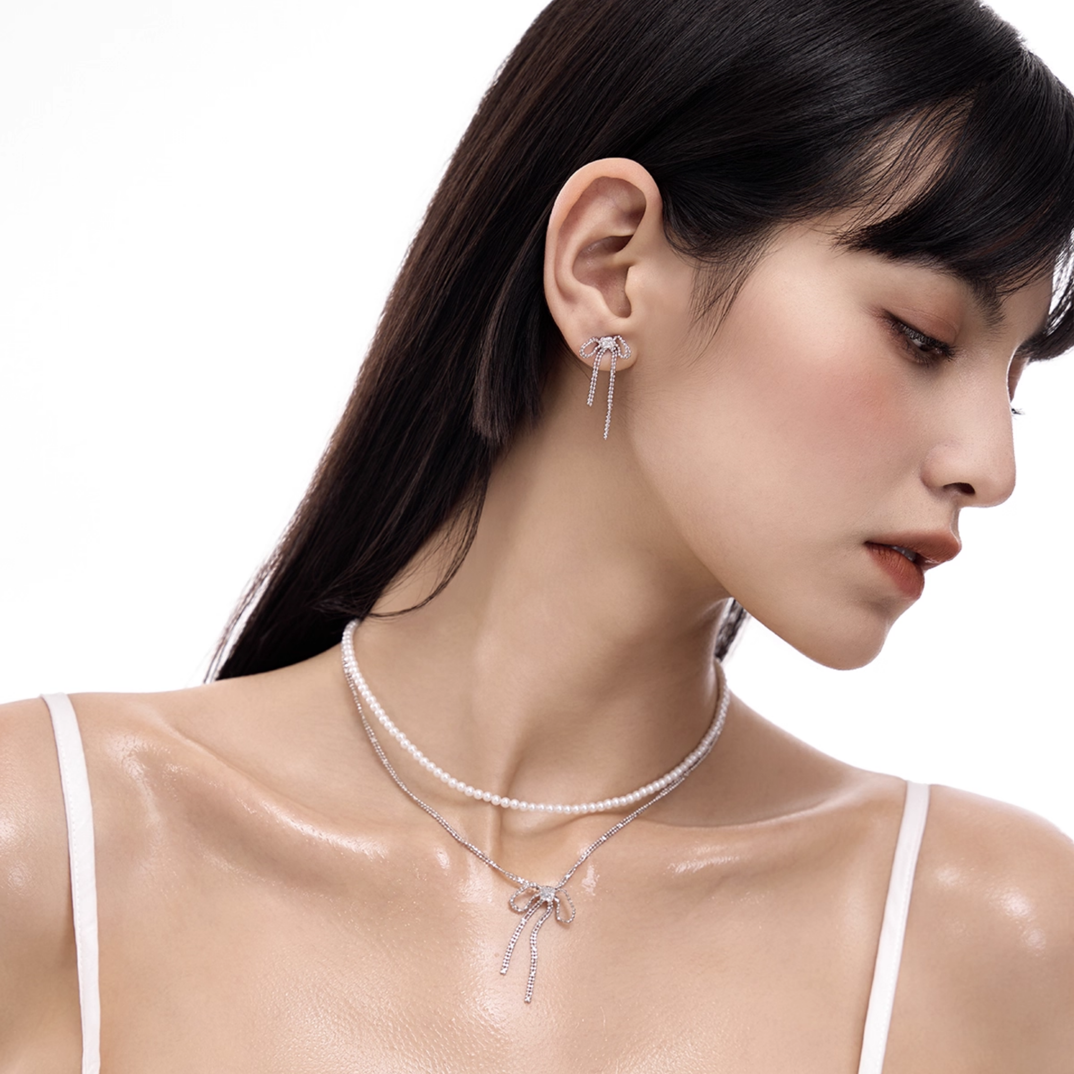 S925 Cubic zirconia luminous ribbon drape necklace[set item]