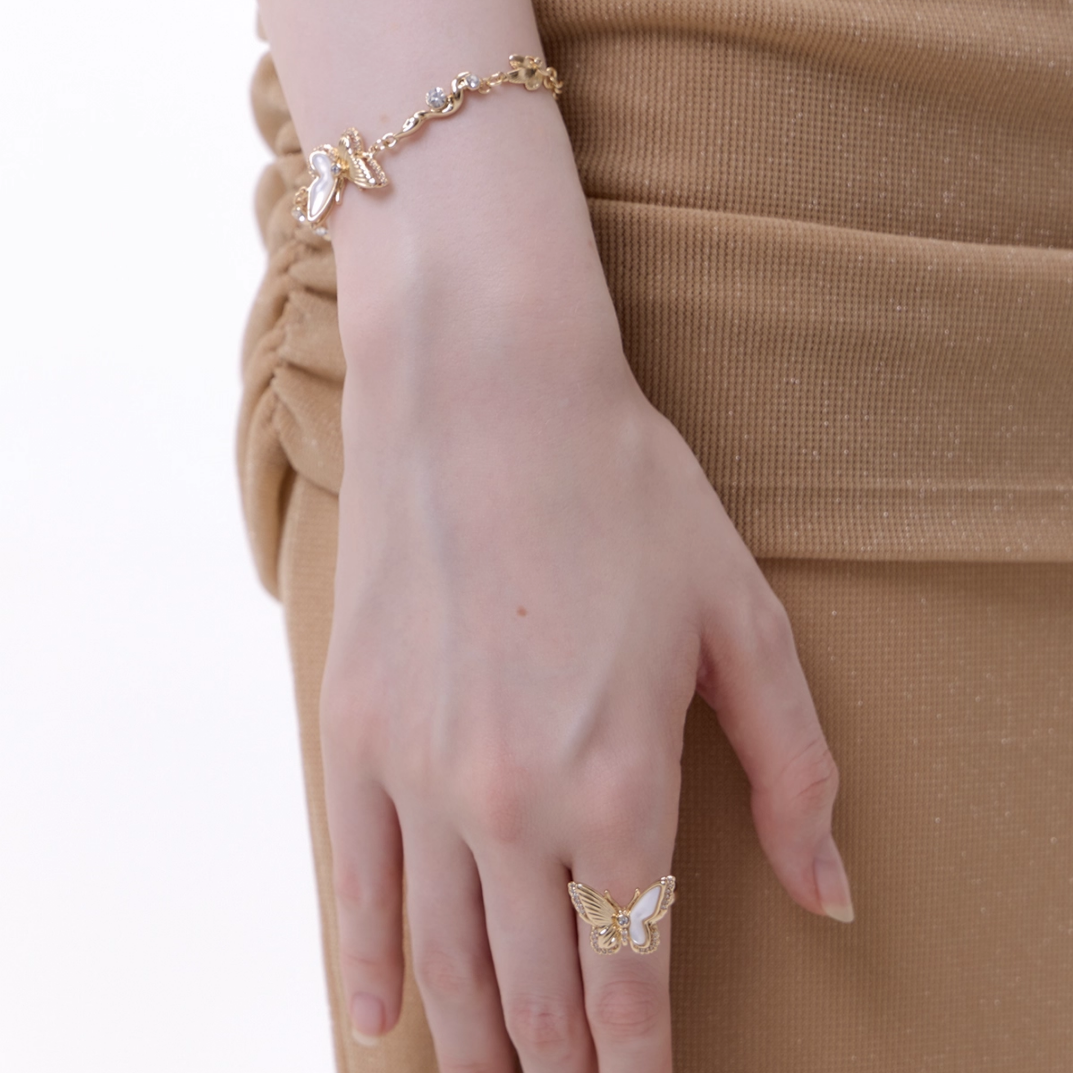 S925 Cubic zirconia papillon pearl ring[set item]