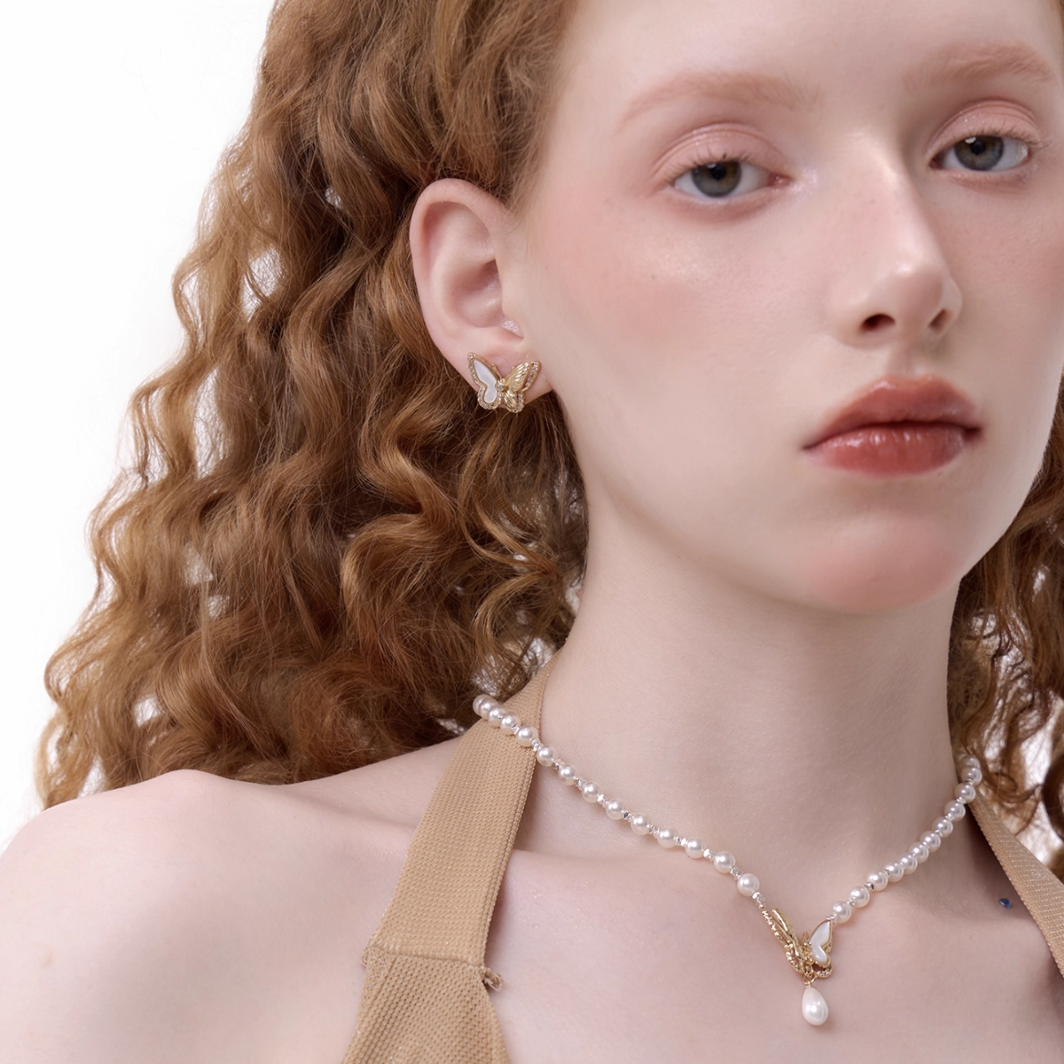 S925 Cubic zirconia papillon pearl necklace[set item]