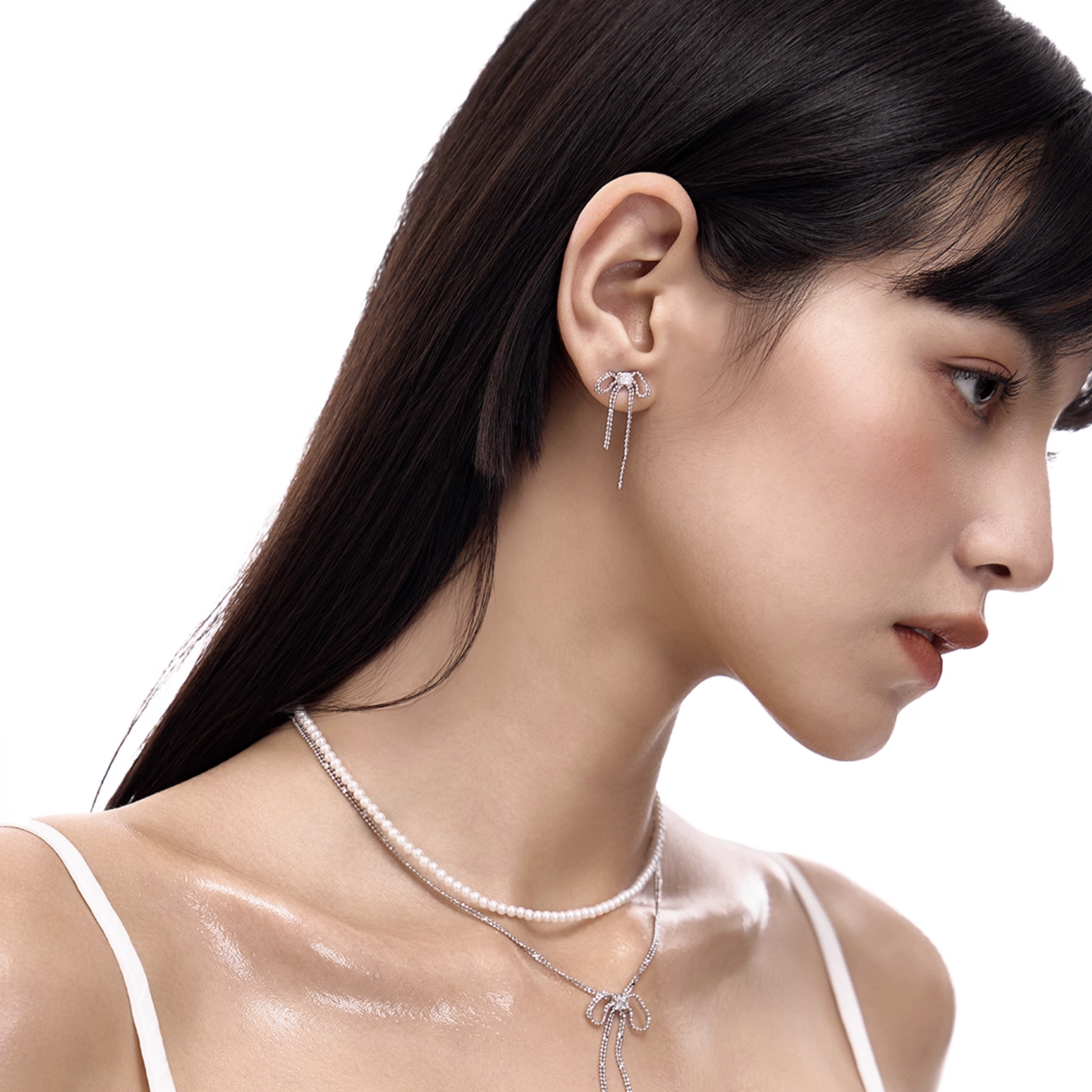 S925 Cubic zirconia luminous ribbon drape pierce[set item]