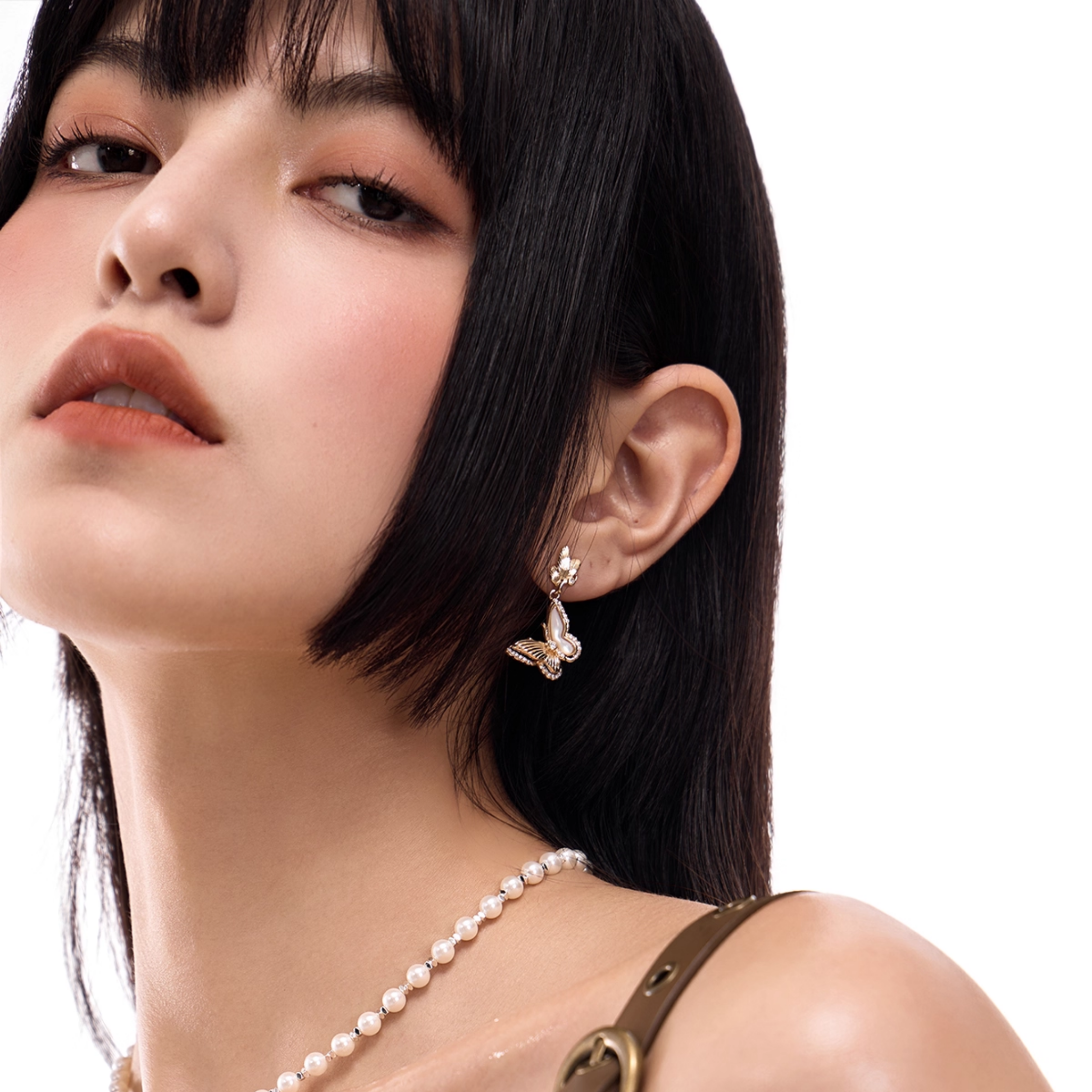 S925 Cubic zirconia papillon pearl chain pierce[set item]