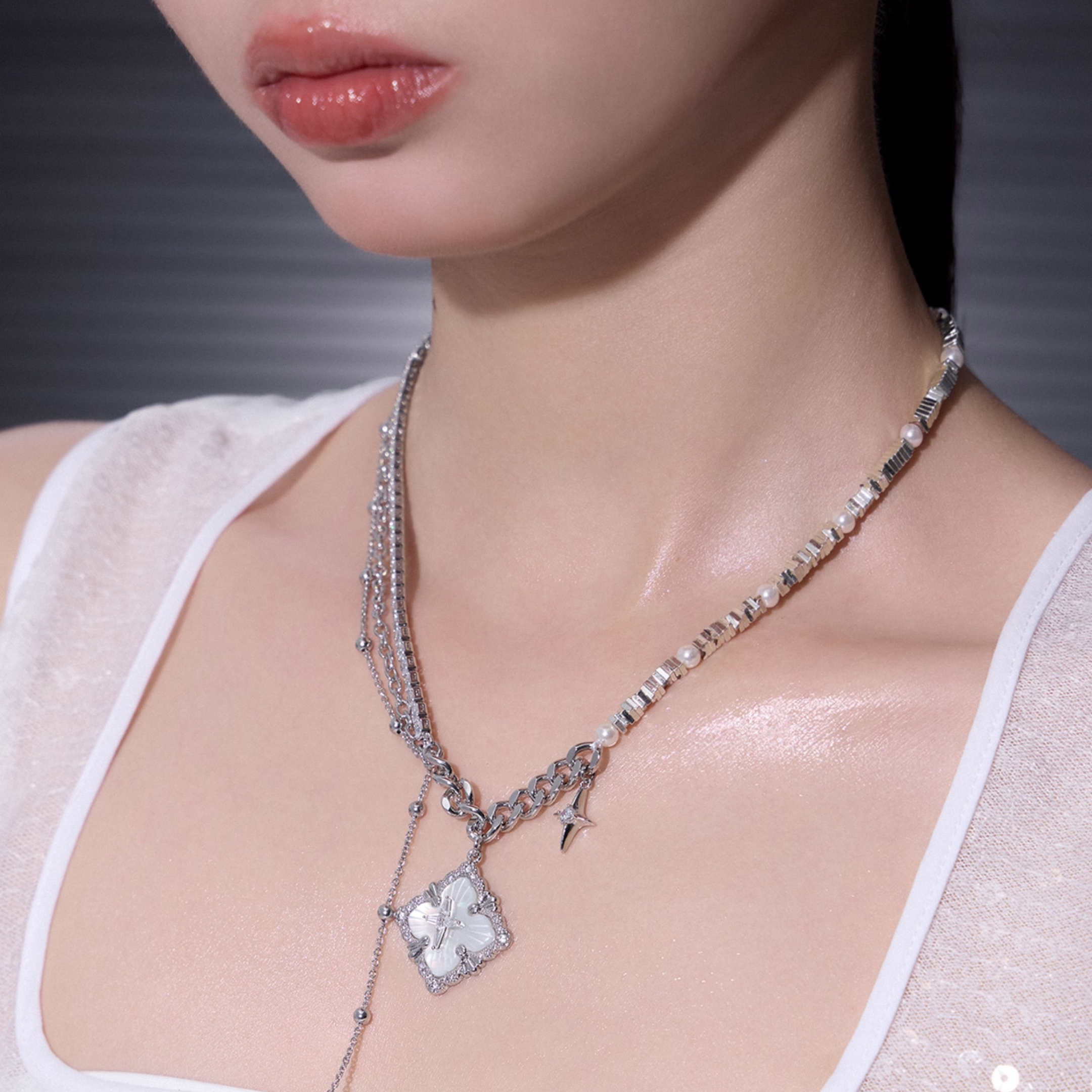 S925 Cubic zirconia clairon cross necklace[set item]