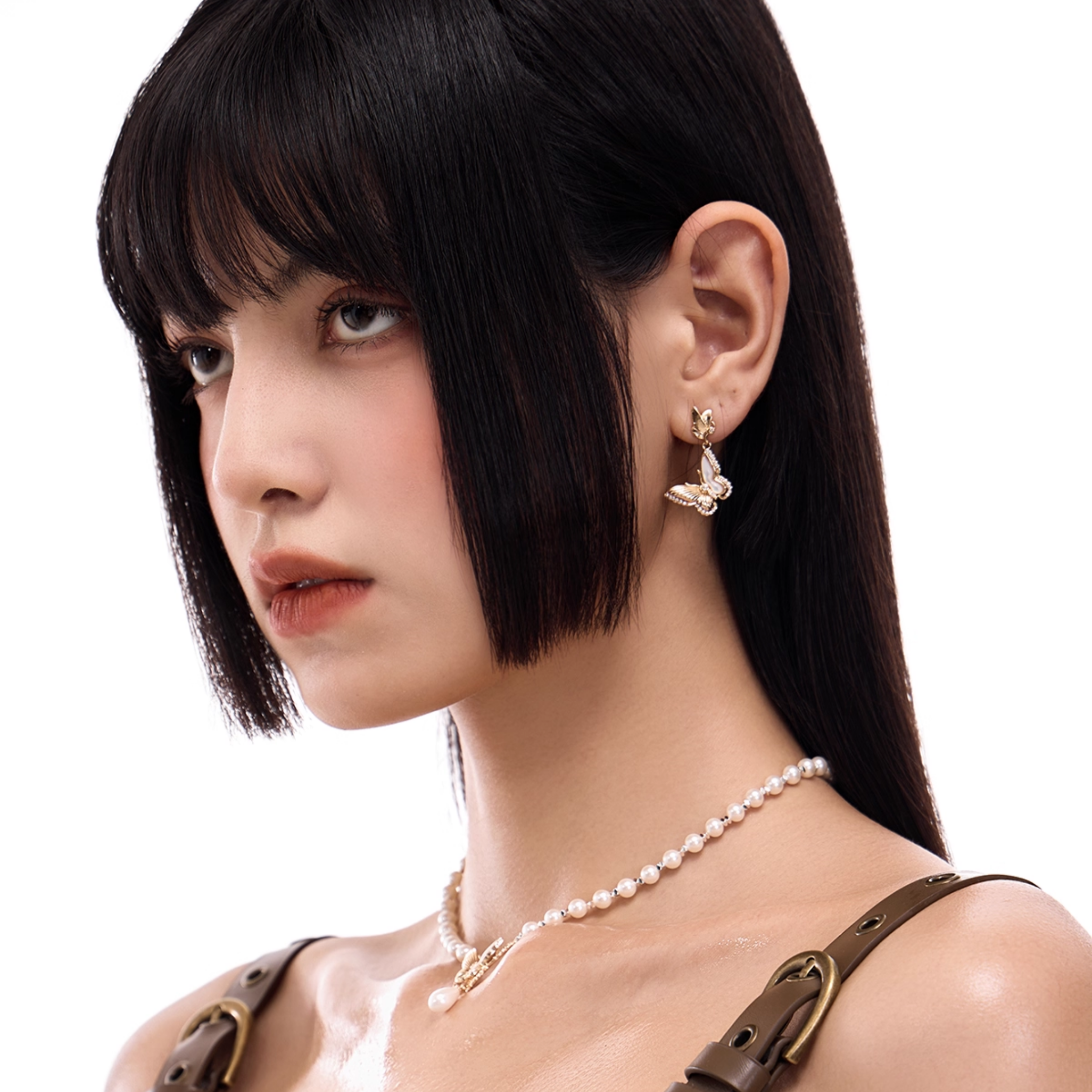 S925 Cubic zirconia papillon pearl chain pierce[set item]
