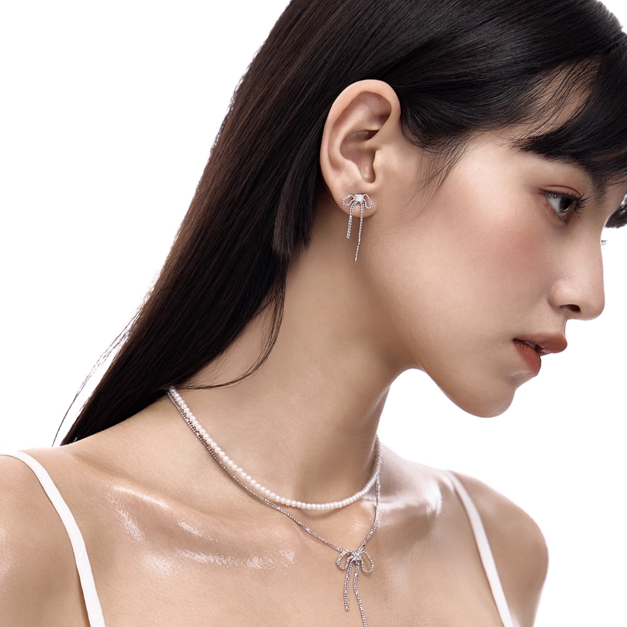 S925 Cubic zirconia luminous ribbon drape necklace[set item]