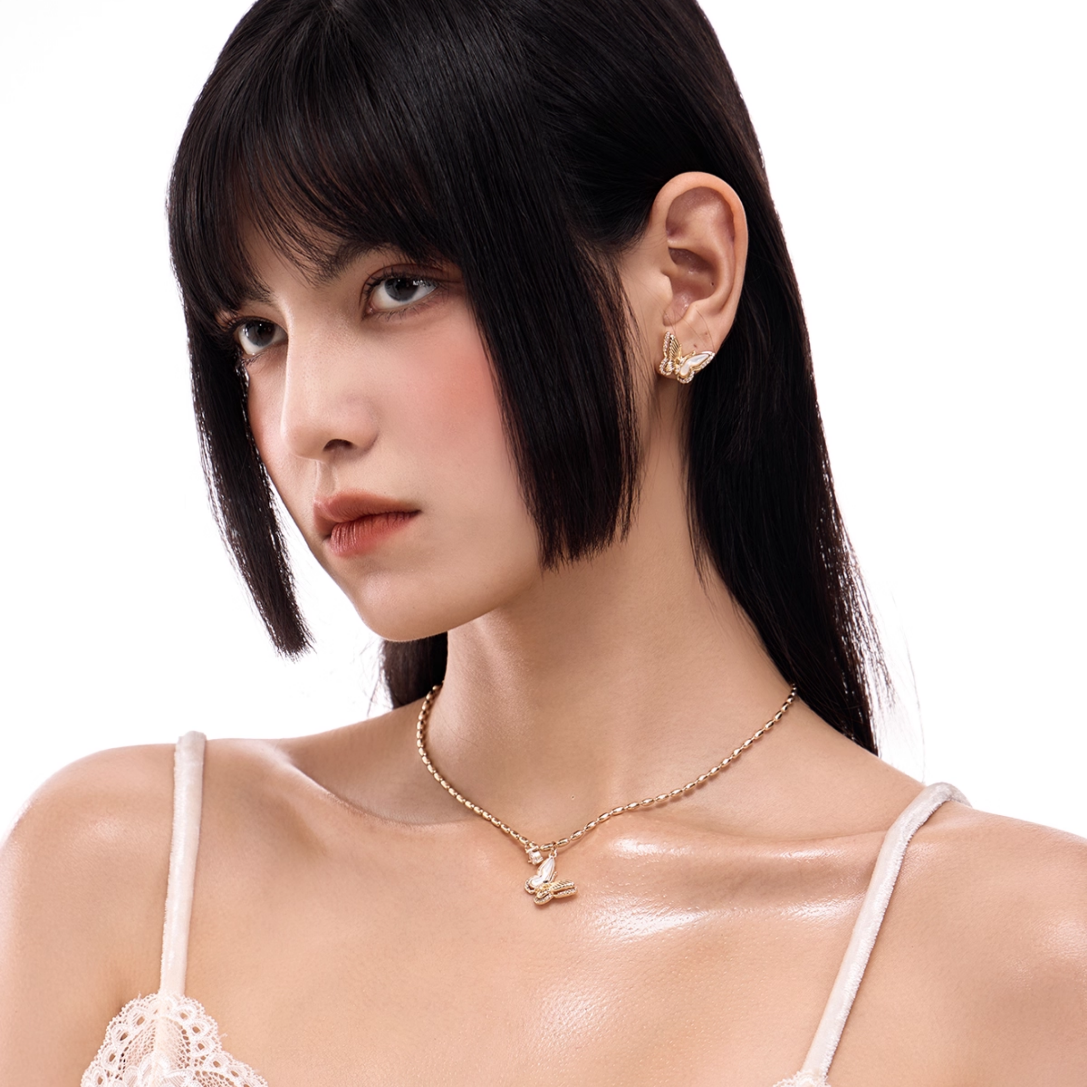S925 Cubic zirconia papillon pearl pierce[set item]