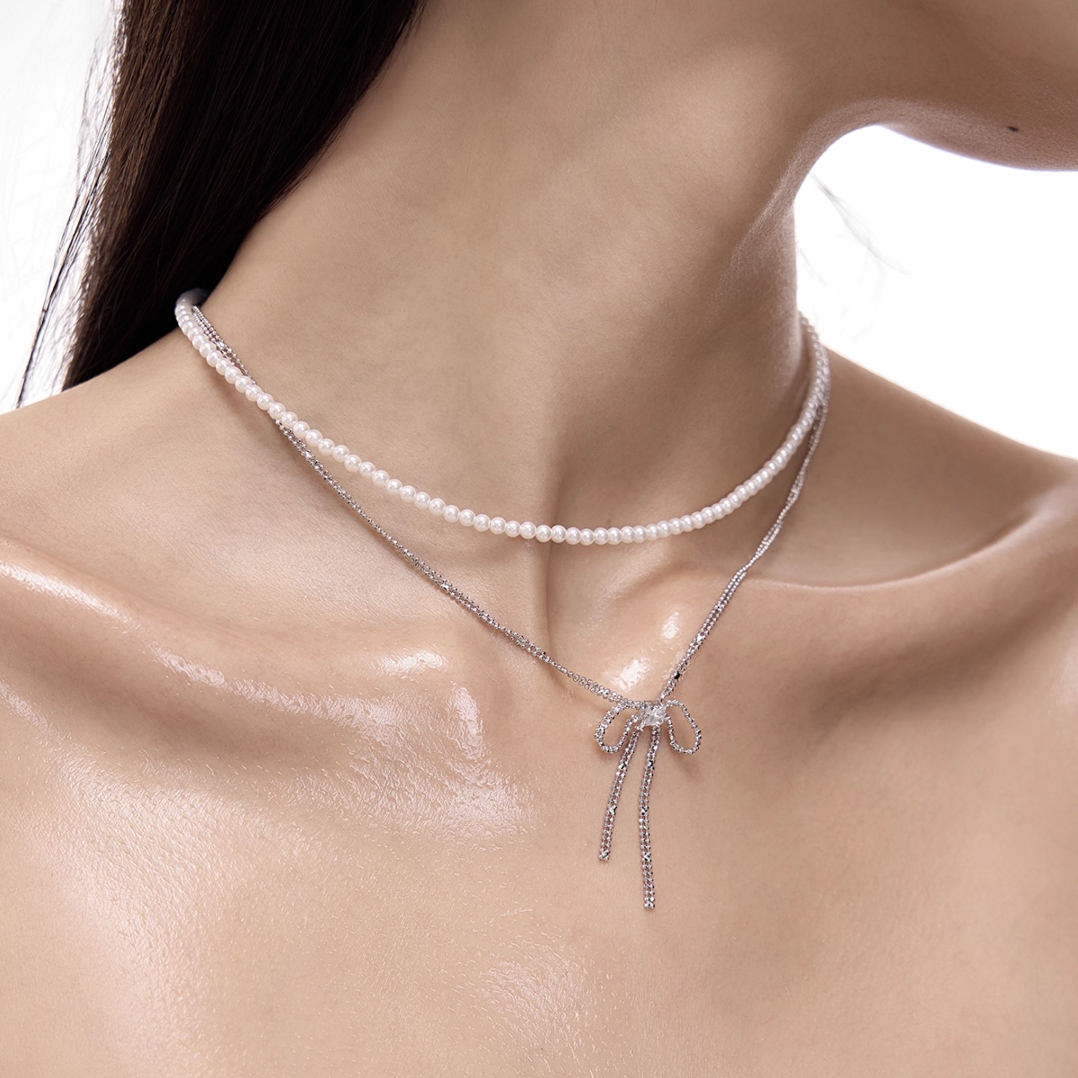 S925 Cubic zirconia luminous ribbon drape necklace[set item]