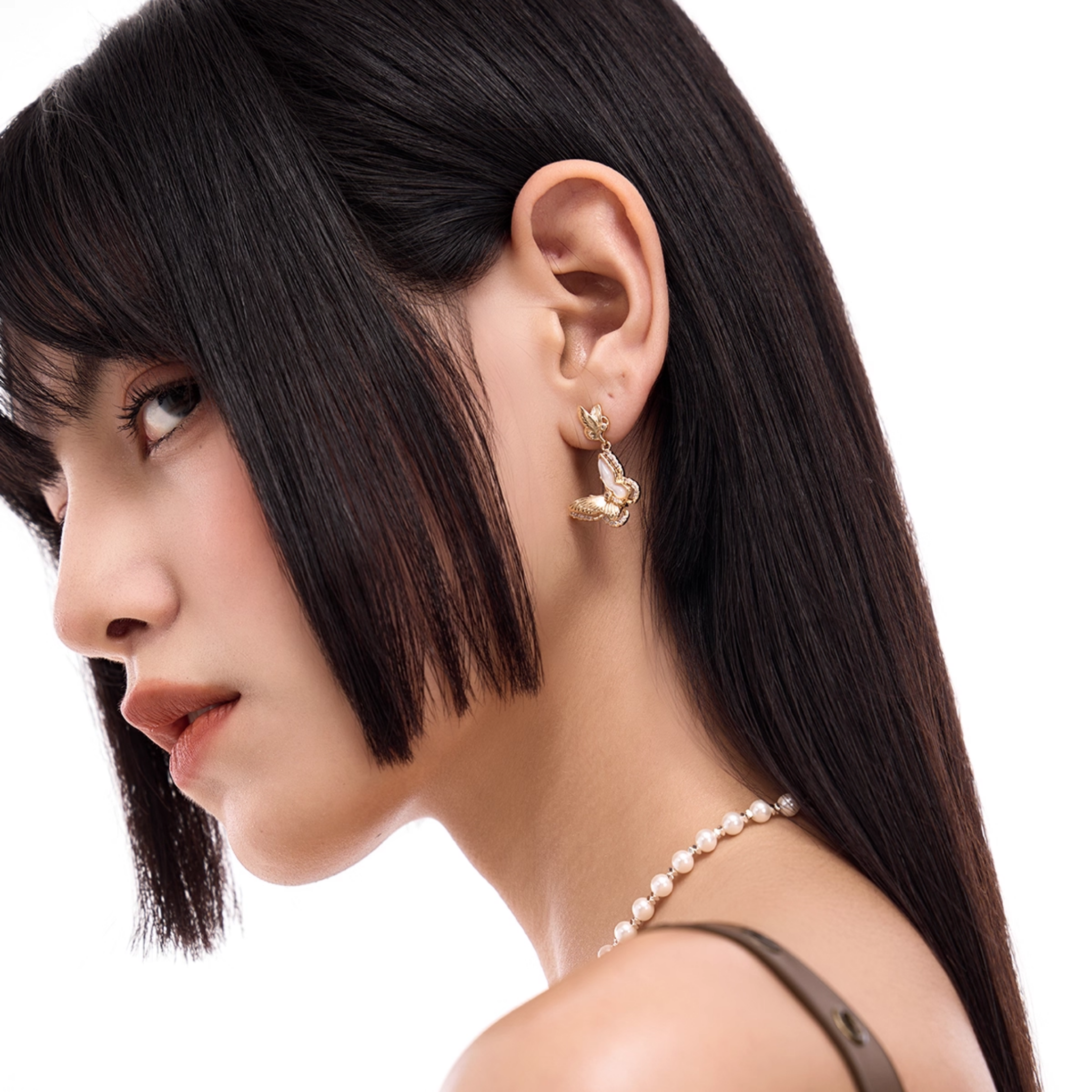 S925 Cubic zirconia papillon pearl chain pierce[set item]