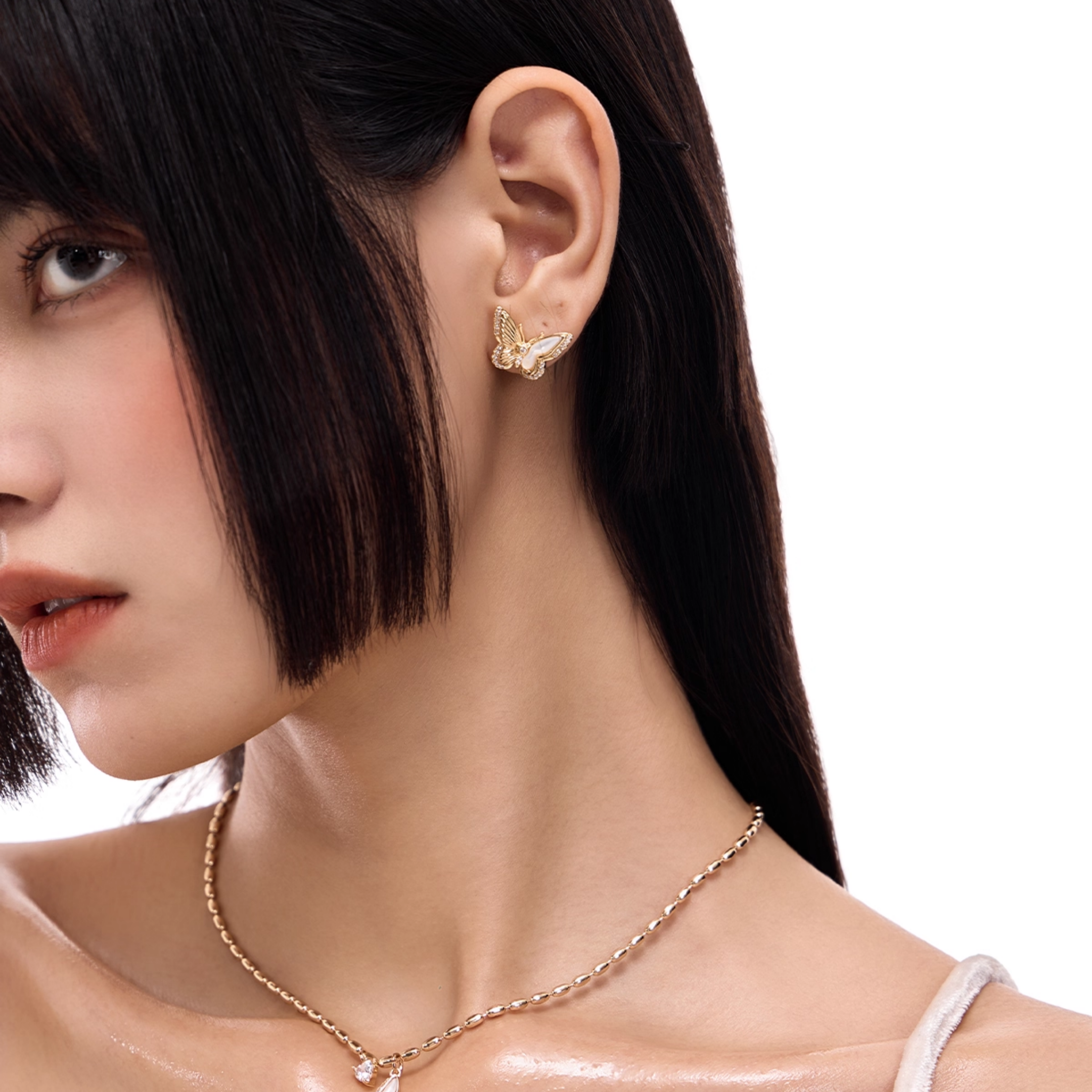 S925 Cubic zirconia papillon pearl pierce[set item]