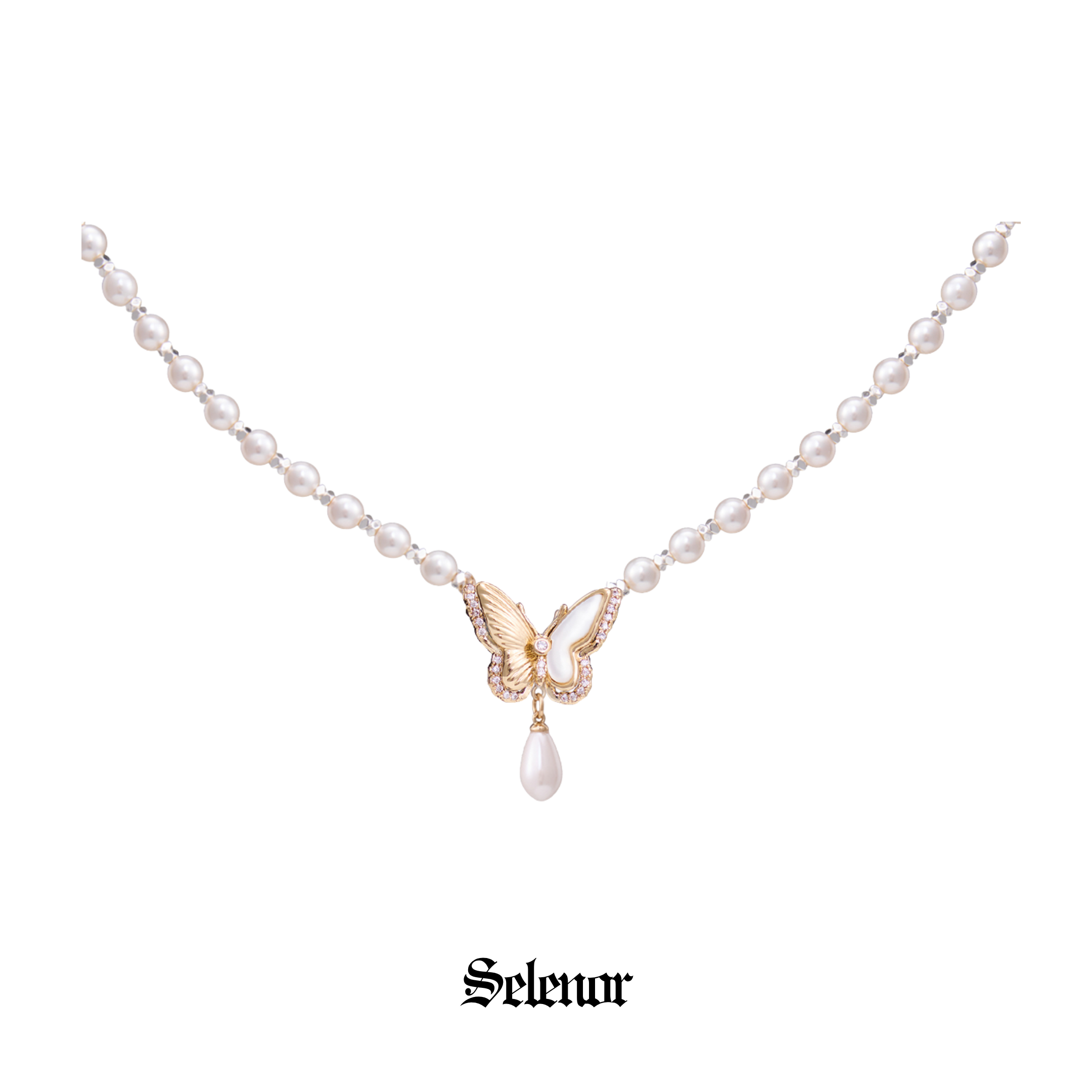 S925 Cubic zirconia papillon pearl necklace[set item]